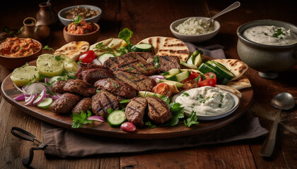 Fototapeta na wymiar Grilled meat skewers on rustic plate, ready to eat gourmet meal generated by AI