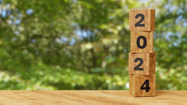 Starting new year 2024. New year, new life, vision, business, action plan, goals, target and strategy concept. 2024 on wooden cube block. 3d illustration