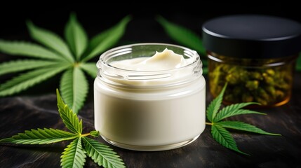 Obraz na płótnie Canvas Embrace natural wellness! A jar of hemp white lotion, detailed with a cannabis cream and marijuana leaf.