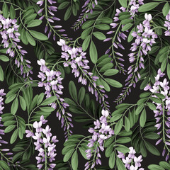 Seamless pattern with acacia flowers and leaves. Vector.
