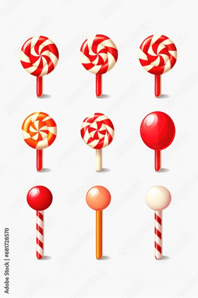 Poster A collection of different flavored lollipops displayed on a plain white background. Ideal for candy stores, birthday parties, or sweet treat concepts.