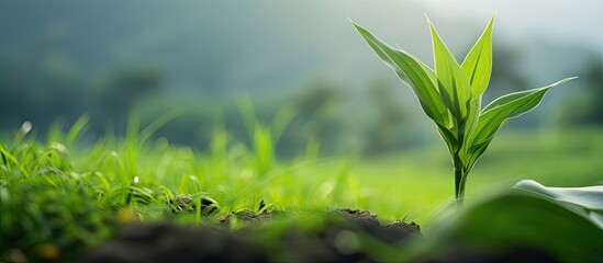 In the lush green fields of a Thai farm, a white leaf clings to the grass, showcasing the vibrant texture of a tropical plant, symbolizing the healthy nature of the Asian agriculture industry.