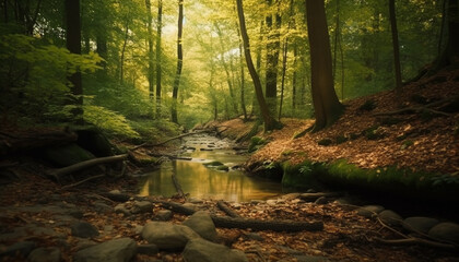 Tranquil scene of flowing water in autumn forest wilderness area generated by AI