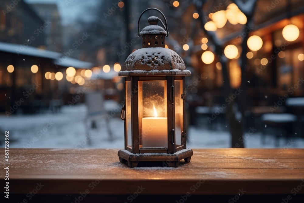Poster a lit candle placed on a wooden table. this picture can be used to create a cozy and warm atmosphere