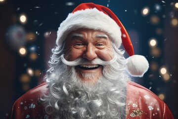 A close-up view of a person wearing a Santa hat. This festive image can be used for holiday-themed designs and promotions.