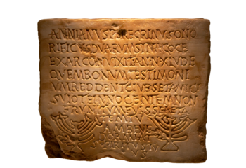 Roman tomb inscription of Hebrew religion with hebrew typography sculpted on a rectangular marble stone block from ancient Lusitania in Merida, Extremadura. IV century. Aniano Peregrino.