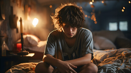 Teenager sitting on his bed in his room crestfallen, sad and depressed because he suffers bulling, bullying and feels alone. - obrazy, fototapety, plakaty