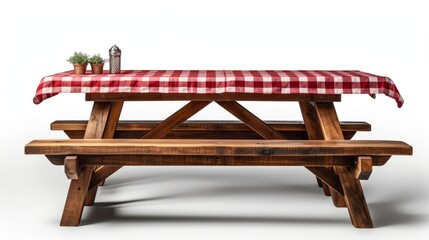 A wooden picnic table with benches covered by a red