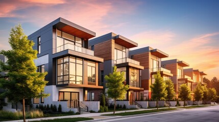 Experience modern living! Panoramic view of a parkside with a new row of three-story single-family houses. Modern urban residential design with side private spaces. - obrazy, fototapety, plakaty