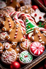 tray filled with freshly baked cookies in shape of Christmas trees, gingerbread men, and candy canes