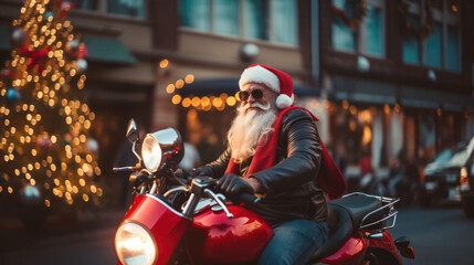 Biker on a motorcycle in a Santa Claus costume. Extreme travel concept