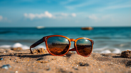 Fototapeta na wymiar sunglasses on the sand beach