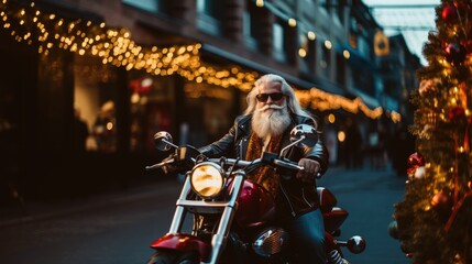 Fototapeta na wymiar Biker on a motorcycle in a Santa Claus costume. Extreme travel concept