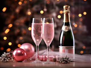 Champagne and glasses with festive backdrop. The concept represents celebration and elegance.