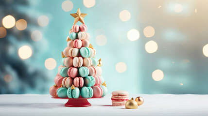 Christmas background with decorative Christmas tree with copy space. Sweet macaroons arranged in a Christmas tree with a star on the top. - obrazy, fototapety, plakaty