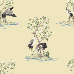 Obraz premium Chinoiserie seamless pattern with peonies trees and dancing crenies. Vector.