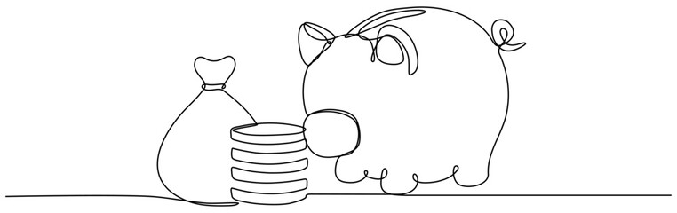 Piggy bank with stack coins continuous one line drawing. Saving money concept. Investment symbol. Vector hand drawn illustration isolated on white.