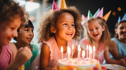 A young girl blowing out candles on a cake surrounded by her friends - obrazy, fototapety, plakaty