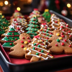 Fototapeta na wymiar tray filled with freshly baked cookies in shape of Christmas trees, gingerbread men, and candy canes