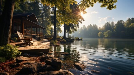 Fototapeta premium A calm morning shot of a log cabin dock reflecting