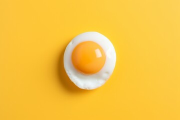 Golden fried egg with perfectly cooked yolk on yellow background, top view culinary concept - obrazy, fototapety, plakaty