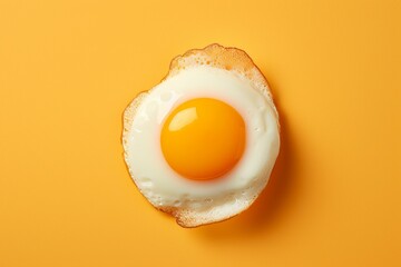 Deliciously cooked fried egg with golden yolk isolated on vibrant yellow background, top view - obrazy, fototapety, plakaty