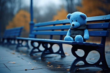 Blue Monday. Blue plush bear sits alone on a bench. - obrazy, fototapety, plakaty