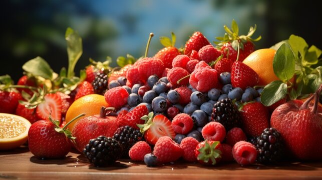 An arrangement of ripe fruits set against a vibrant