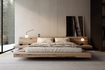 Fototapeta na wymiar Comfortable minimalist bedroom with wooden design