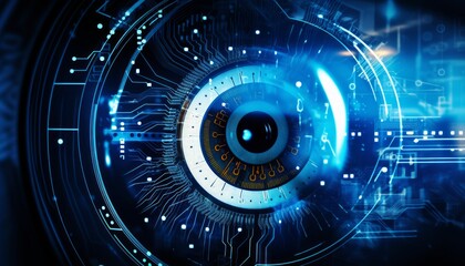Fototapeta premium Close up futuristic eye with advanced digital technology, electronic focus, and innovative vision