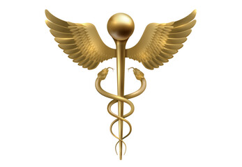 Gold Caduceus Medical Icon Vector element. Medical Snake Rod with Wings Caduceus Golden Logo Sign Template Vector Isolated on White Background