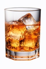A glass filled with whiskey and ice cubes. Perfect for showcasing the elegance and sophistication of a classic drink. Ideal for use in advertisements, menus, or articles about whiskey or cocktails.
