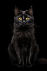 A black cat with striking yellow eyes sitting in a dark environment. This image can be used to depict mystery, Halloween, or a spooky atmosphere.
