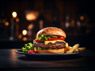 Beef burger with juicy beef patty on black plate. Serving with fried. Generative AI