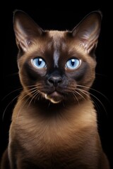 A close up view of a cat with striking blue eyes. This image can be used to portray the beauty and intensity of a feline's gaze. Ideal for cat lovers, pet-related content, and animal-themed designs.