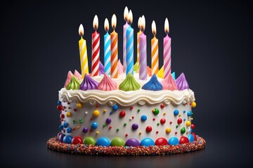 A birthday cake with many candles on top. Perfect for celebrating birthdays and special occasions.