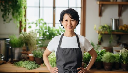Smiling asian woman shop worker, young female food store assistant, grocery store manager.