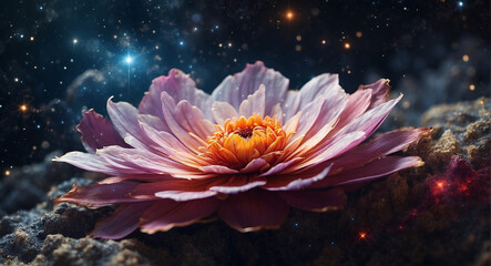 Fototapeta na wymiar Celestial Blossom: A Fusion of Galaxies, Stars, and Nebulas in a Flower - AI Generative