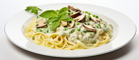 On a white plate, a gourmet Mediterranean dish was served for dinner. The healthy meal consisted of green pasta with a creamy mushroom sauce and melted cheese on top.