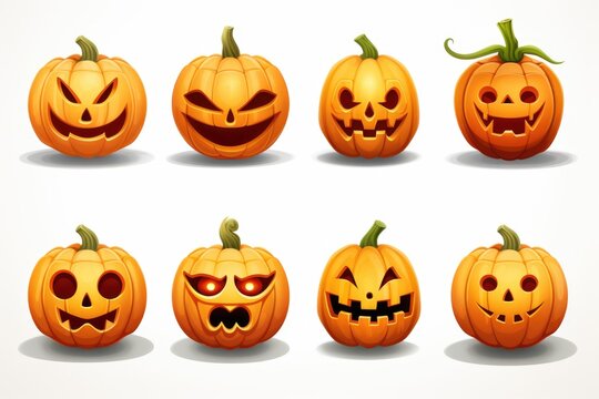 A set of Halloween pumpkins with various expressions. Perfect for Halloween decorations and themed events.