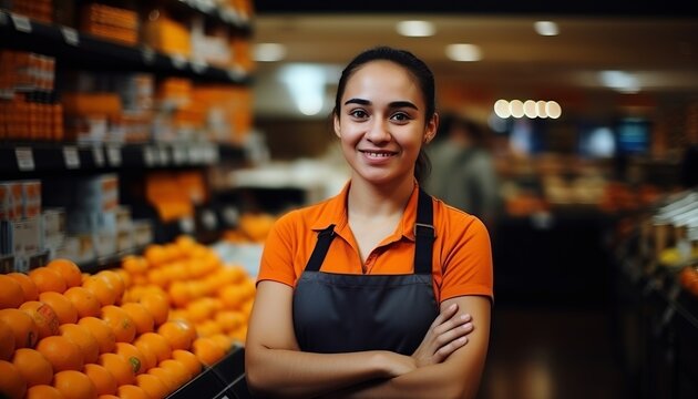 Smiling asian woman shop worker in supermarket young food store assistant and grocery store manager