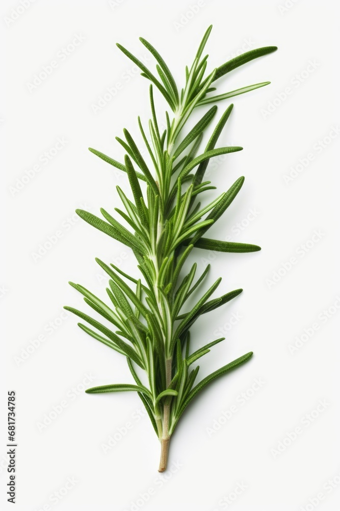 Poster A single sprig of fresh rosemary placed on a clean white surface. This versatile image can be used to enhance various culinary, herbal, or natural themes.