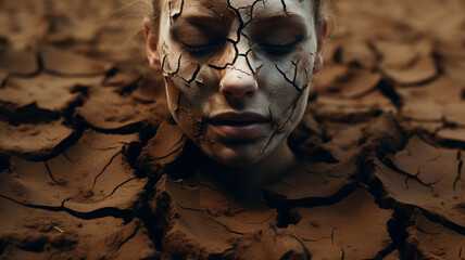 woman covered in face of mud - obrazy, fototapety, plakaty