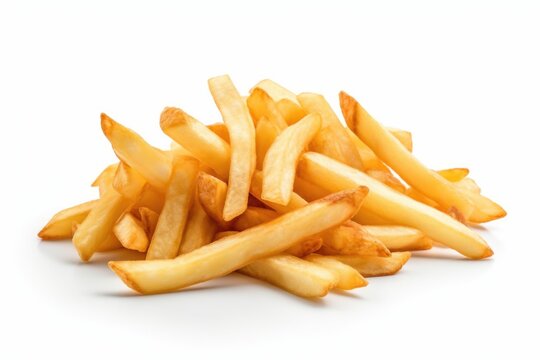 A pile of crispy and golden French fries on a clean white surface. Perfect for food-related projects and advertisements.
