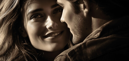 Fototapeta premium Man and woman. Tenderness and love. Black and white. Minimalism. Close-up.