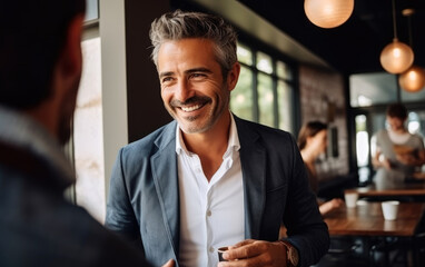 Smiling businessman is talking with friend. Business vibe