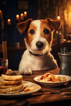 A dog is sitting at a table with a plate of food. This image can be used to depict a well-behaved pet or to showcase training and discipline