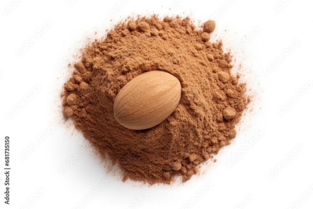 Poster a simple yet striking image of a nut and powder placed on a clean white surface. perfect for illustr