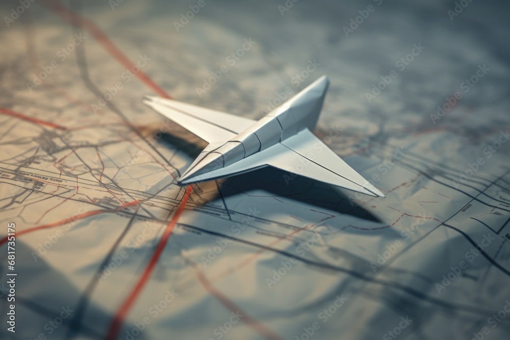 Poster A paper airplane resting on top of a map. This versatile image can be used to represent travel, adventure, exploration, or planning.