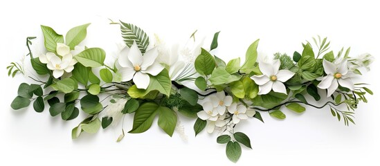 In an abstract composition, the texture of a leaf isolated in a white background captures the essence of nature's beauty, as a spring tree blossoms with white flowers, reflecting the garden's greenery